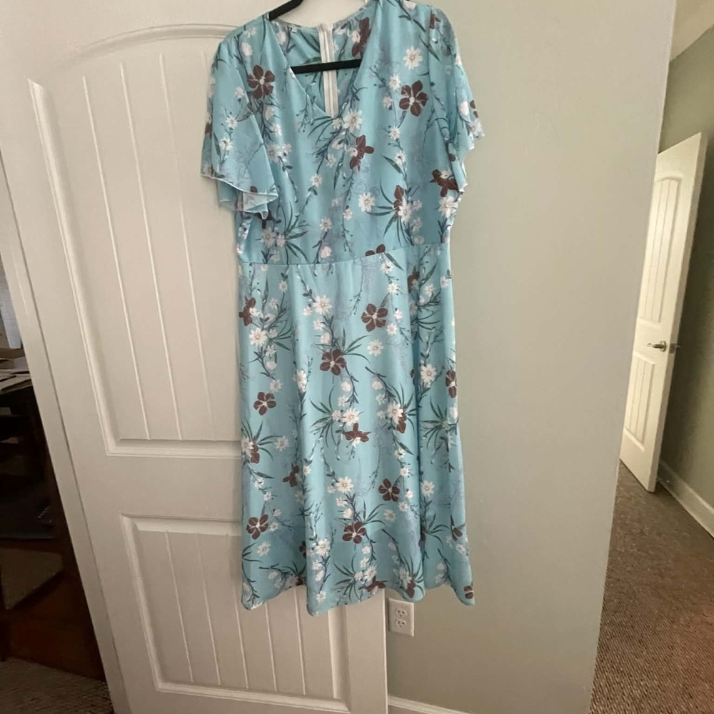 Amazon Light Blue Floral Midi Dress with Flutter Sleeves